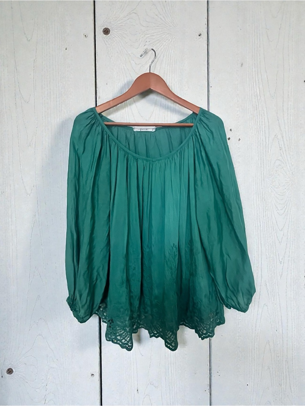 Nicole Italy Embroidered Silk Cotton Blend Teal Peasant Boho Tunic Blouse size S